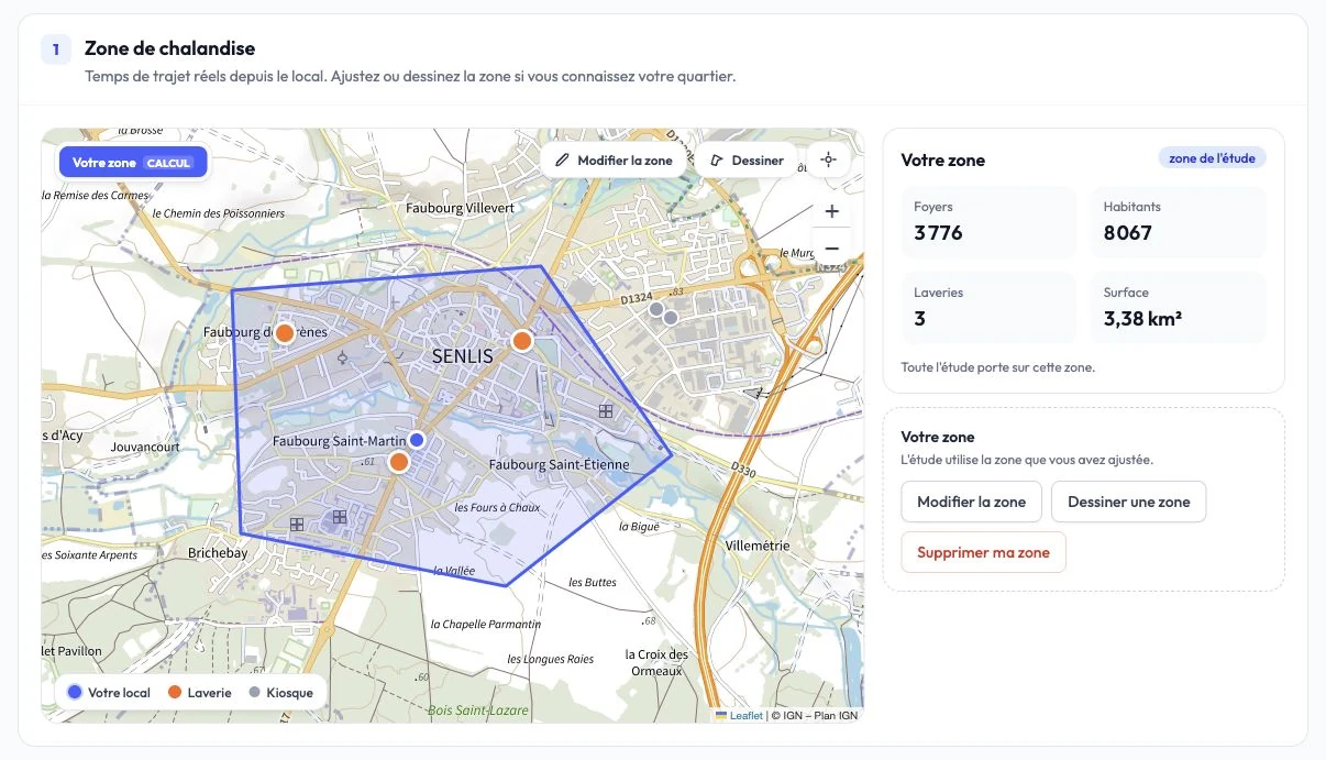 Étude d’implantation LavPilote à Senlis : carte de la zone de chalandise et des laveries concurrentes